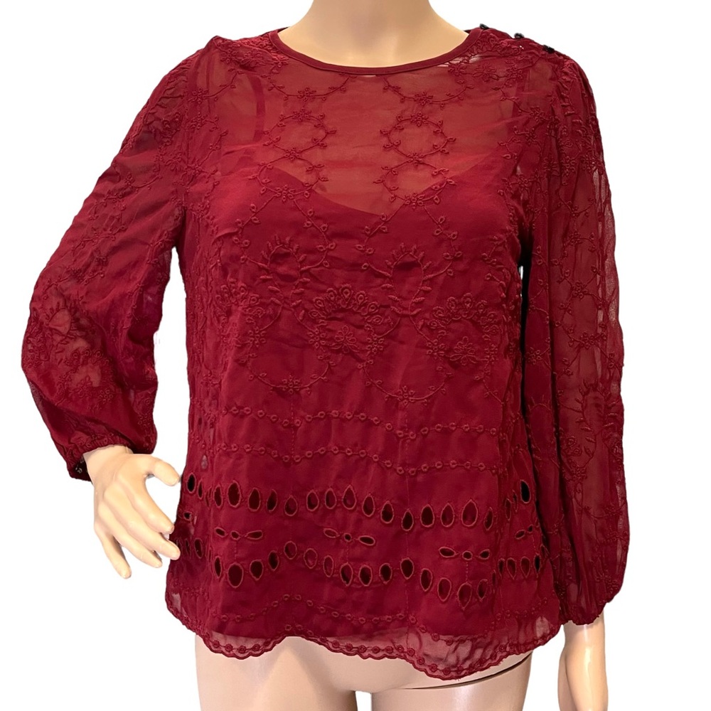 J CREW Wine Red Eyelet Embroidered sheer top XS